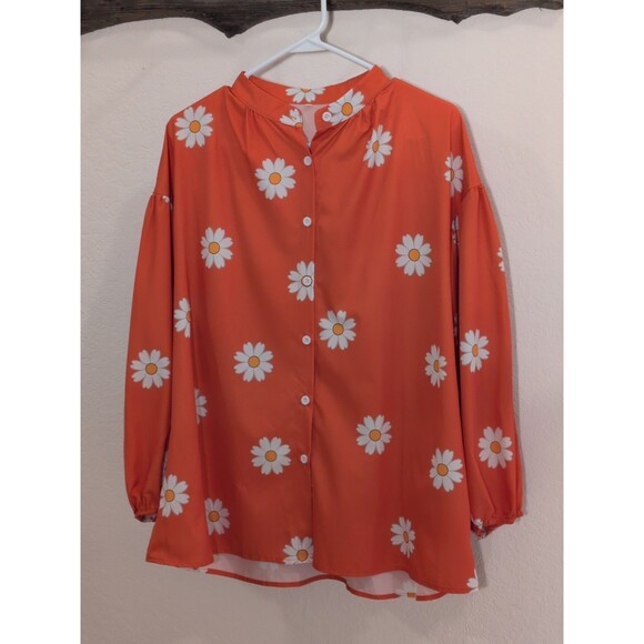 noracora Tops - Women's Blouse NoraCora Orange With Daisies Elastic Sleeves Size XXL
